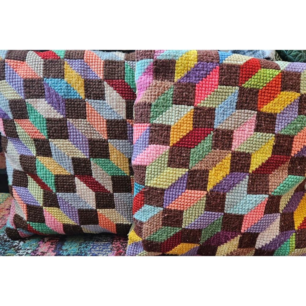 Vintage Handmade Needlepoint Geometric Diamond Velvet Throw Pillows Set of 2